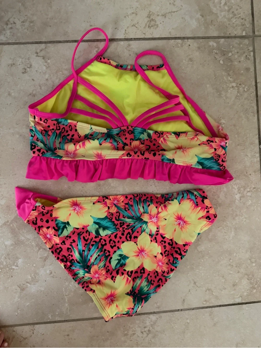 Girls' Neon Pink Tropical Ruffle Bikini Set